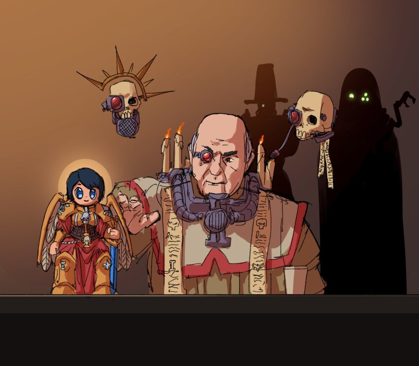 1girl, 3boys, artificial_eye, black_hair, blue_eyes, candle, ecclesiarchy_(warhammer), figure, floating, halo, hat, highres, inquisition_(warhammer), jubilee_2025, luce_(jubilee_2025), magos_(warhammer), mechanical_arms, single_mechanical_eye, multiple_boys, nissetasss, purity_seal, servo-skull, st._celestine, tagme, warhammer_40k