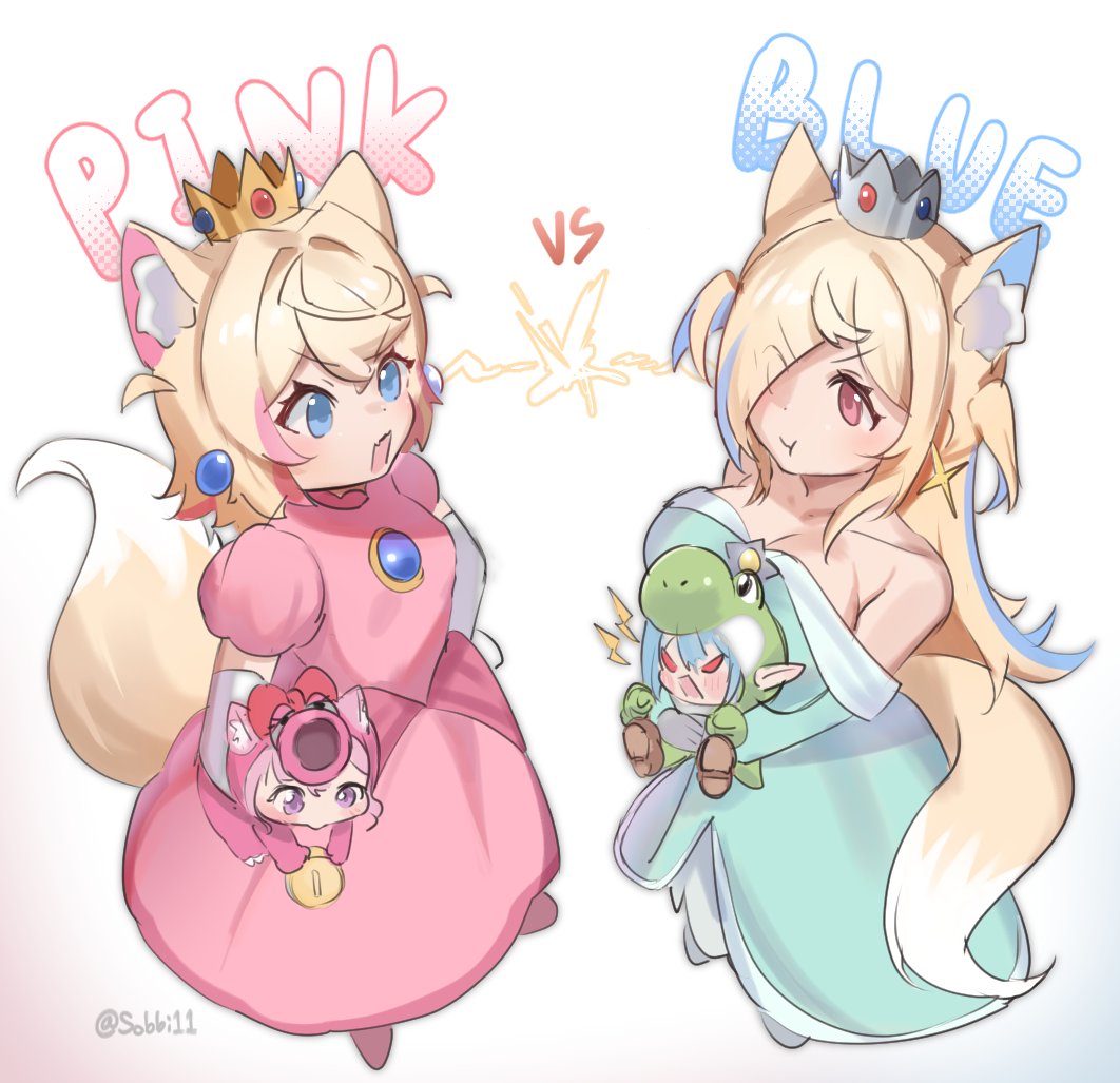 4girls, :t, animal_ear_fluff, animal_ears, armpit_crease, artist_name, blue_eyes, breasts