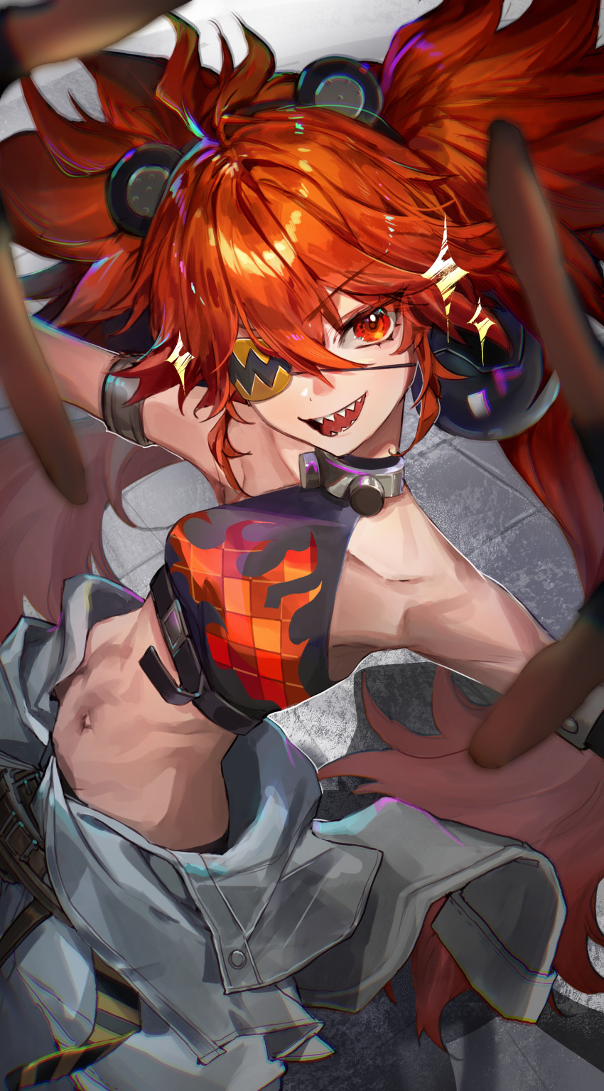 1girl, absurdres, cowboy_shot, crop_top, eyepatch, hair_between_eyes, hair_ornament, highres, kkuekkue_(chifer1958), koleda_belobog, long_hair, looking_ahead, midriff, navel, open_mouth, red_eyes, red_hair, sharp_teeth, sidelocks, smile, solo, sparkle, sphere_hair_ornament, teeth, v-shaped_eyebrows, zenless_zone_zero