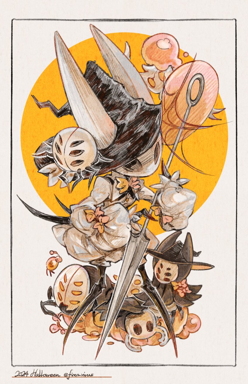 2024, absurdres, black_hat, broken_vessel_(hollow_knight), bug, dress, fioco_virus, halloween