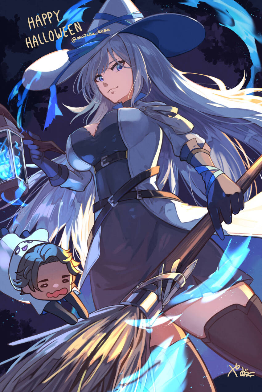 1boy, 1girl, absurdres, belt, blue_eyes, blue_fire, bolearis_(xenoblade), breasts, broom, closed_mouth, commentary_request, ethel_(xenoblade), fire, from_below, grey_hair, halloween, halloween_costume, happy_halloween, hat, highres, holding, holding_broom, holding_lantern, lantern, large_breasts, long_hair, looking_at_viewer, night, outdoors, smile, standing, witch_hat, xenoblade_chronicles_(series), xenoblade_chronicles_3, yanagimachi