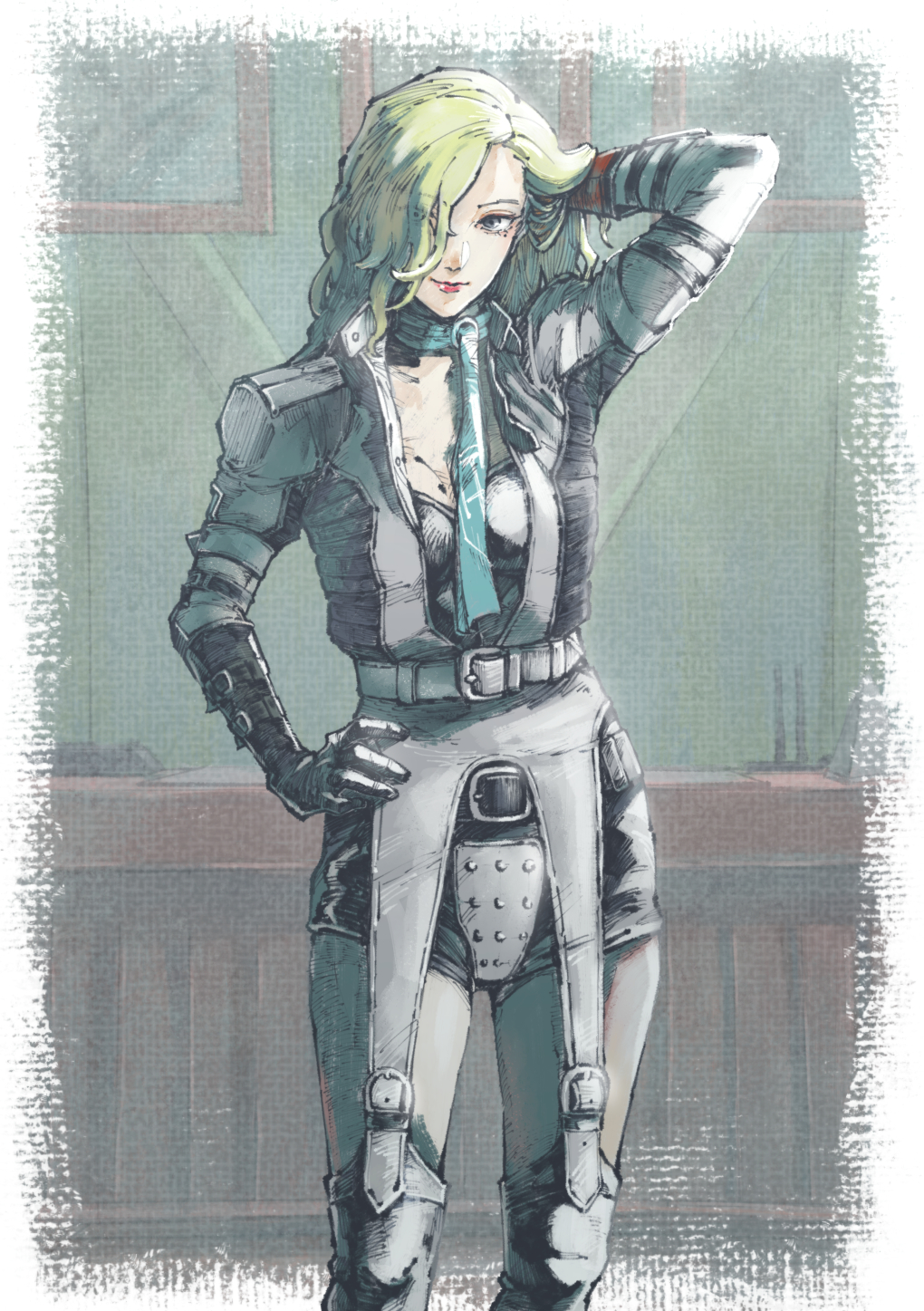 1girl, arm_behind_head, arm_strap, arm_up, belt, black_gloves, black_skirt, blonde_hair