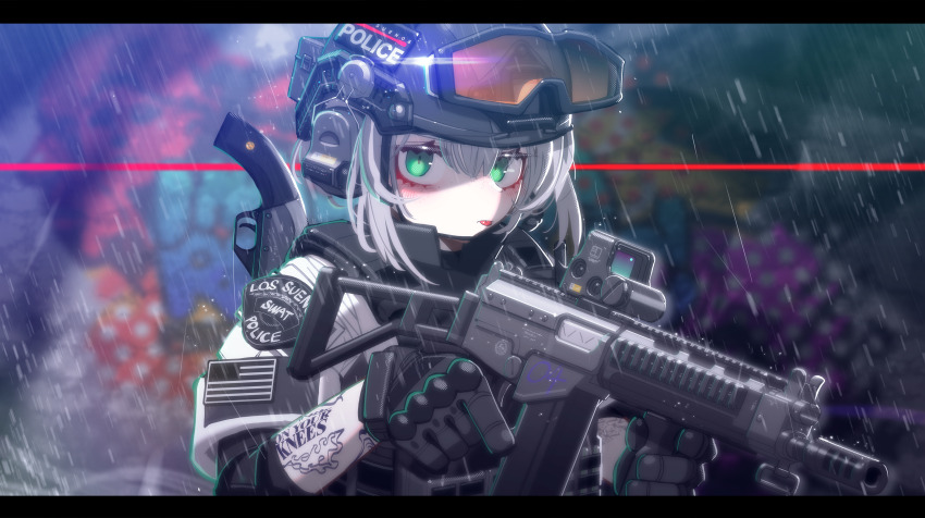 1girl, absurdres, american_flag, arm_tattoo, blurry, blurry_background, dsa_sa58_osw, foregrip