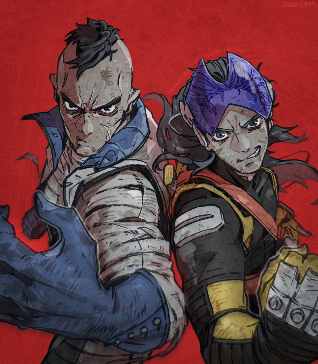 2boys, aleph_(megami_tensei), armor, back-to-back, black_armor, black_eyes, black_gloves, black_hair