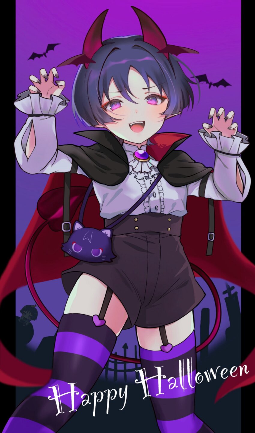 1boy, arm_cutout, ascot, bat_(animal), black_cloak, black_hair, black_shorts, black_thighhighs, blunt_ends, blush, brooch, character_doll, cloak, clothing_cutout, curled_fingers, demon_horns, demon_wings, diagonal-striped_thighhighs, doll, ebinu2215, fangs, fence, frilled_sleeves, frills, garter_straps, gem, genshin_impact, graveyard, hair_intakes, halloween, halloween_costume, happy_halloween, head_wings, heart, high-waist_shorts, highres, horns, jewelry, long_sleeves, looking_at_viewer, male_focus, mandarin_collar, open_mouth, paw_pose, pillarboxed, purple_background, purple_eyes, purple_gem, purple_nails, purple_thighhighs, red_cloak, red_horns, red_wings, scaramouche_(genshin_impact), shirt, shorts, solo, striped_clothes, striped_thighhighs, teeth, thighhighs, tombstone, trap, two-sided_cloak, two-sided_fabric, upper_body, upper_teeth_only, vampire_costume, white_ascot, white_shirt, white_sleeves, wings