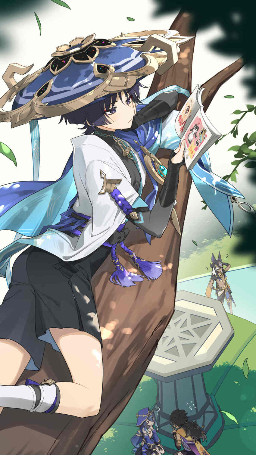 2girls, 3boys, ?, ??, absurdres, ancient_egyptian_clothes, animal_hood, aqua_sleeves