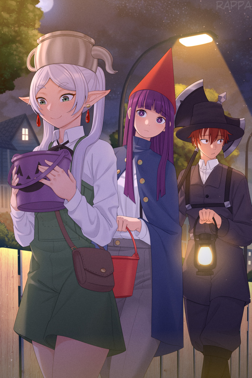 1boy, 2girls, absurdres, axe, bag, battle_axe, black_hat, black_jacket