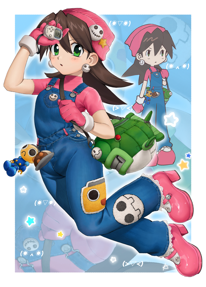 1girl, absurdres, bag, beanie, blue_overalls, border, brown_hair, character_print