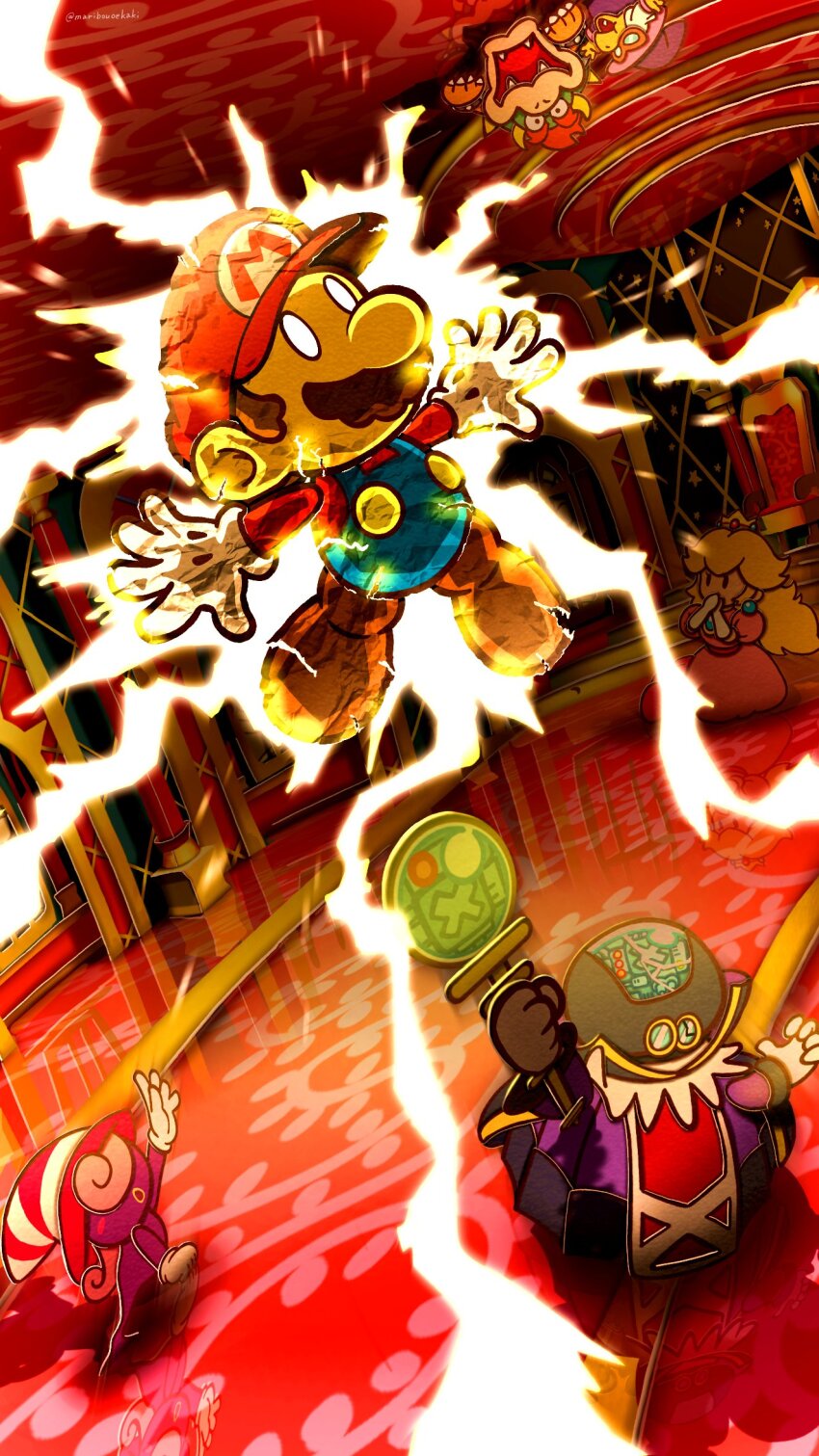 3boys, 3girls, artist_name, blonde_hair, blue_overalls, bowser, crown, earrings