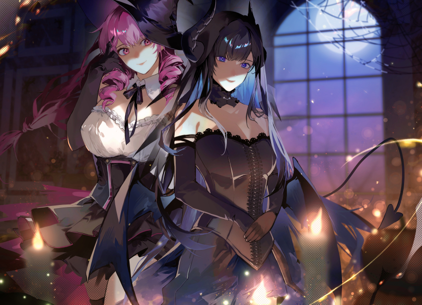 2girls, absurdres, alternate_costume, ayla_(pgr), black_bow, black_bowtie, black_dress, black_gloves