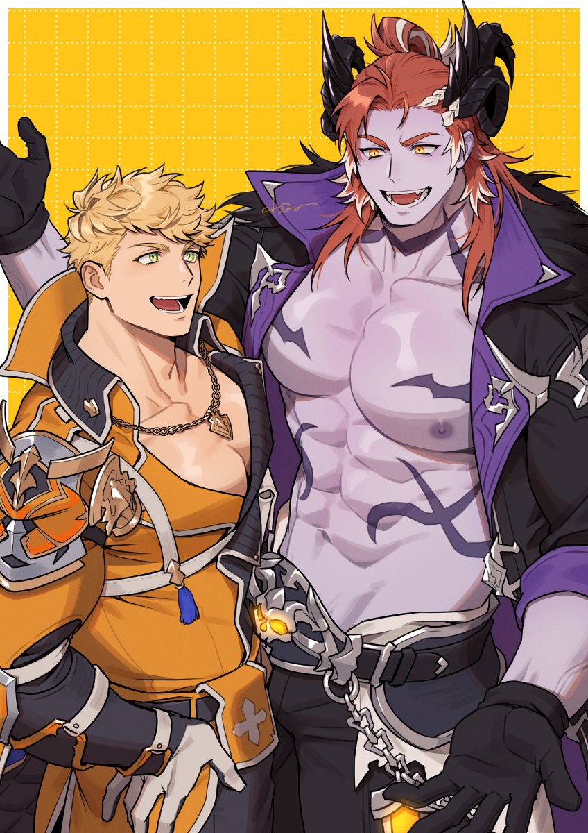 2boys, abs, amagosi, bara, black_coat, black_gloves, black_pants, blonde_hair