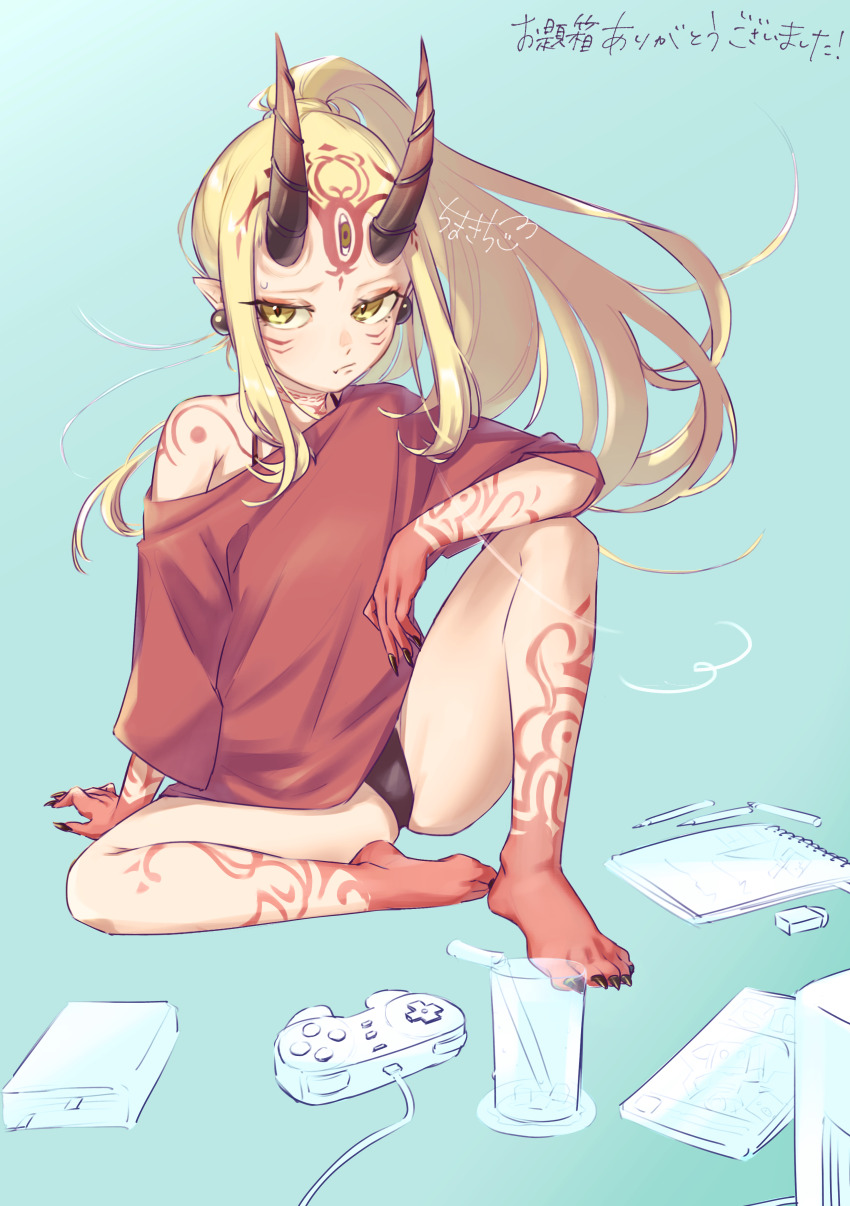 1girl, absurdres, barefoot, bikini, bikini_under_clothes, blonde_hair, book, controller, cup, drinking_glass, drinking_straw, fang, fate/grand_order, fate_(series), fingernails, game_controller, highres, horns, ibaraki_douji_(fate), nupy22, ponytail, red_shirt, sharp_fingernails, shirt, sitting, sketchbook, skin_fang, swimsuit, yellow_eyes