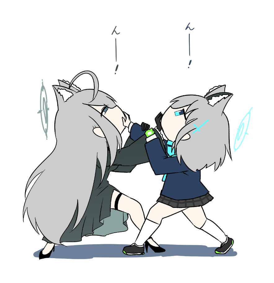 2girls, animal_ear_fluff, animal_ears, black_dress, blue_archive, blue_cross, blue_eyes, blue_halo