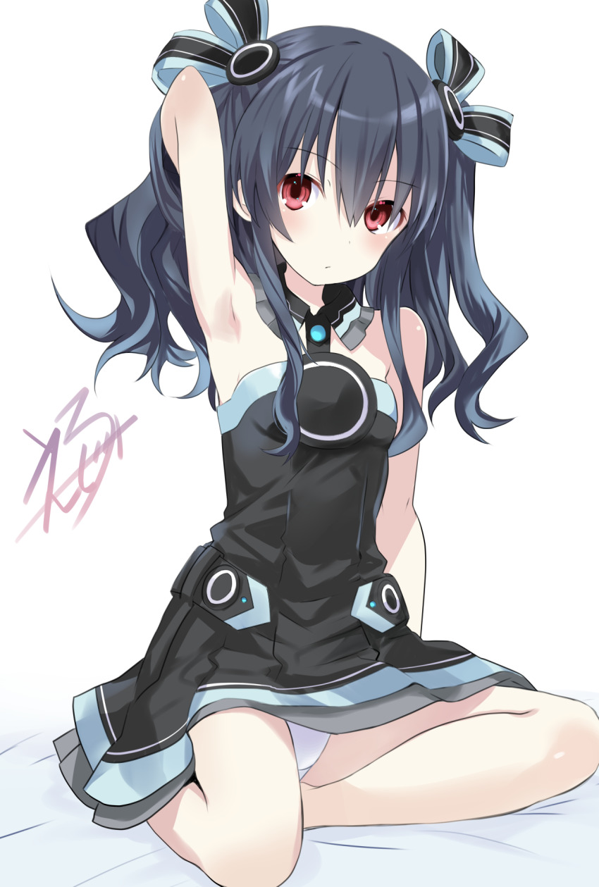 1girl, arm_at_side, arm_up, armpits, bare_shoulders, black_hair, black_ribbon, blue_ribbon, breasts, commentary, dress, eijirou02, expressionless, hair_between_eyes, hair_ribbon, halter_dress, halterneck, highres, long_hair, looking_at_viewer, neptune_(series), panties, red_eyes, ribbon, signature, sitting, small_breasts, solo, two-tone_ribbon, two_side_up, underwear, uni_(neptunia), white_panties, yokozuwari