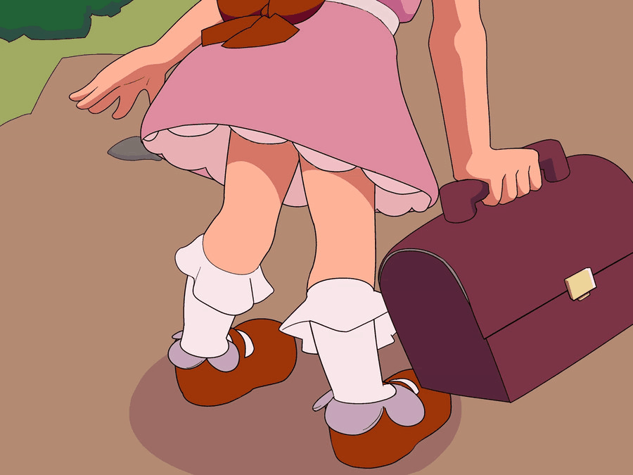 1girl, animated, animated_gif, bag, bow, dress, grass, holding, holding_bag, leaning_forward, loli, lower_body, mary_janes, mother_(series), mother_2, mushroom, nintendo, panties, paula_(mother_2), pink_dress, ramblin'_evil_mushroom, red_bow, red_shoes, rommi, running, shoes, socks, standing, underwear, waist_bow, white_panties, white_socks, wind, wind_lift