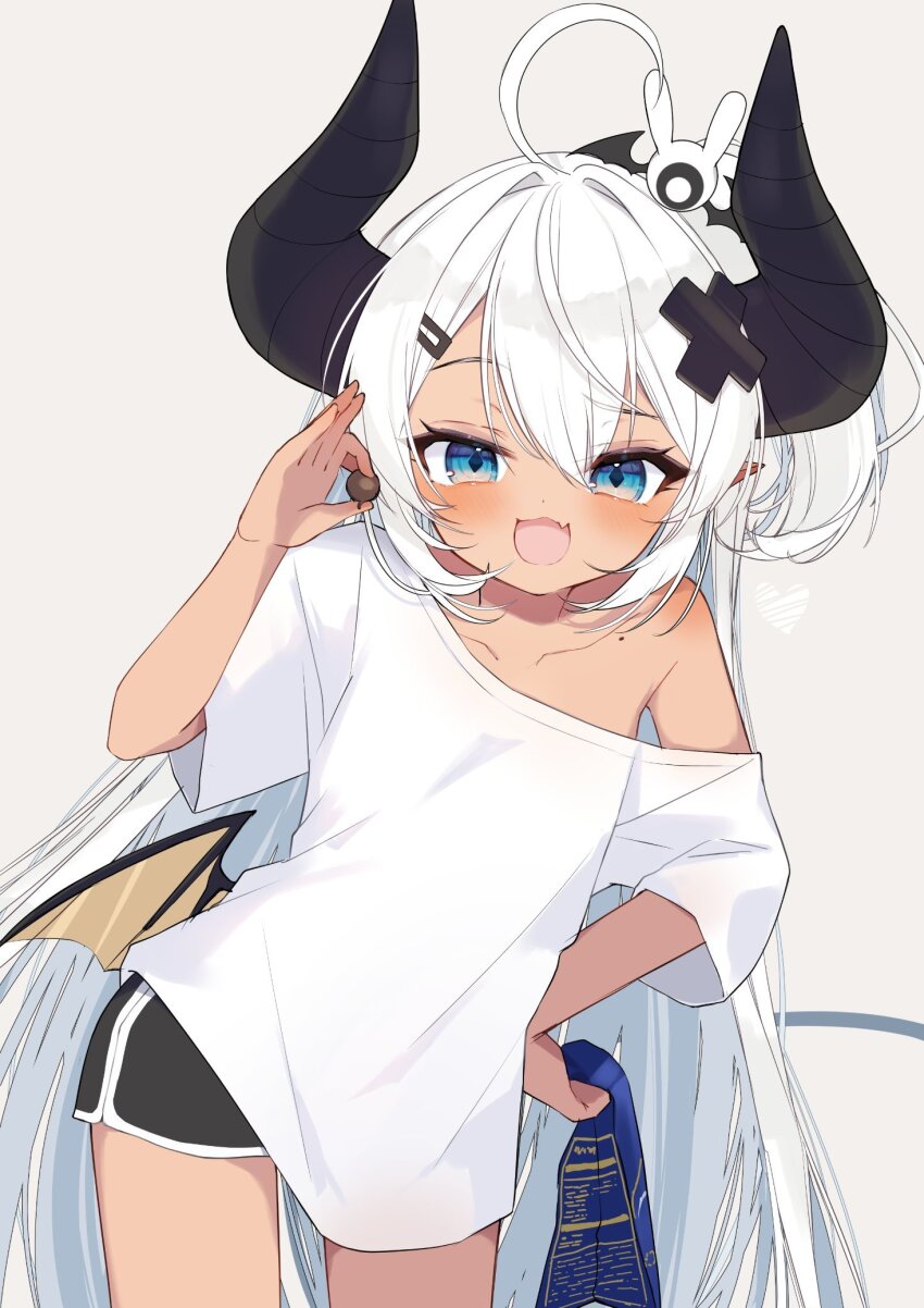 1girl, :3, :d, ahoge, armpit_peek, asagawa_mikan, asagawa_mikan_(peachy_michi), bat_wings