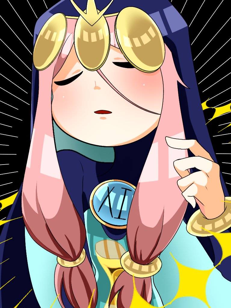 1girl, aeon_(skullgirls), black_background, blush, bracelet, closed_eyes, hood, hourglass, jewelry, long_hair, open_mouth, pink_hair, saiaindicator, sand, skullgirls, solo, sparkle, tiara, twintails, upper_body