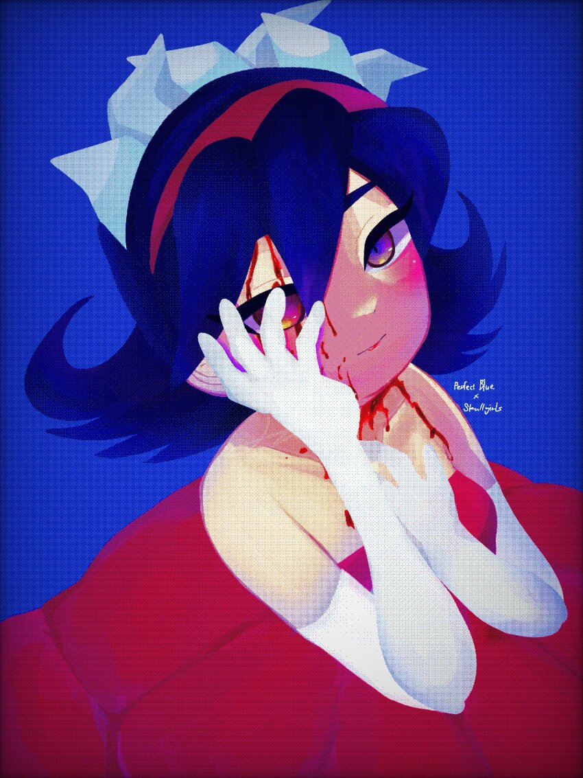 1girl, alternate_costume, alternate_hairstyle, blood, blood_on_face, blue_background, blue_hair, blush