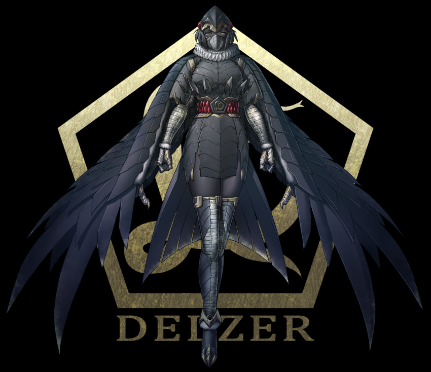 armor, armored_dress, belt, black_armor, black_background, black_wings, character_request, clenched_hand