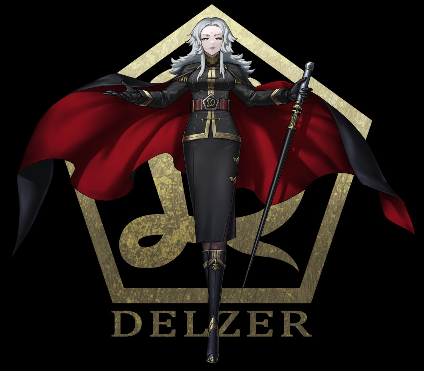 belt, black_background, black_boots, black_cape, black_gloves, black_pantyhose, boots, breasts