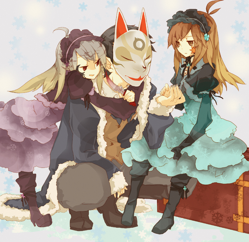 1boy, 2girls, ahoge, antenna_hair, black_bow, black_bowtie, black_cardigan, black_footwear