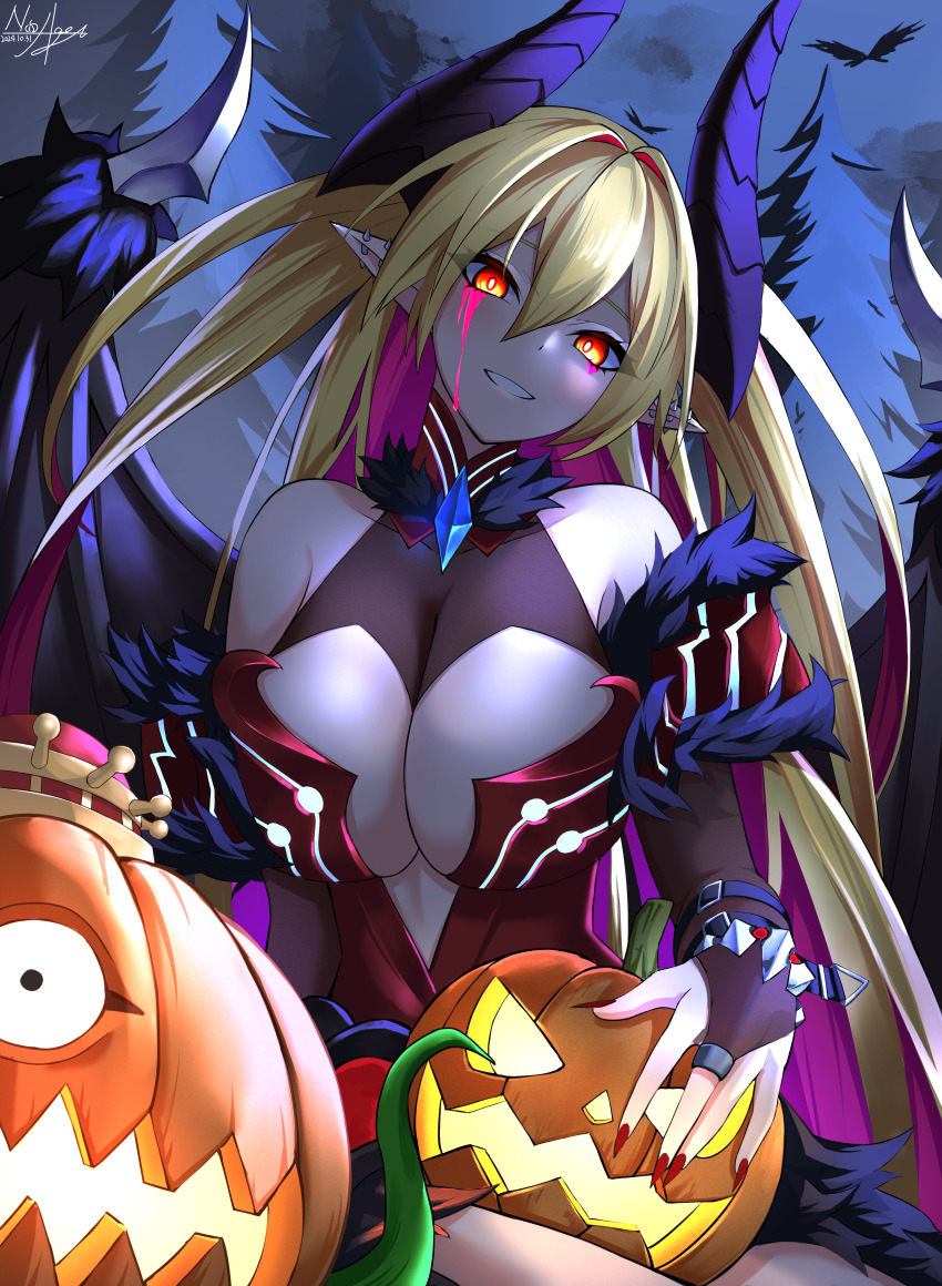 1girl, absurdres, bare_shoulders, blonde_hair, blood, bloody_tears, breasts, bridal_gauntlets, cleavage, commentary_request, demon_girl, demon_horns, demon_wings, dress, duel_monster, grin, halloween, heart, highres, horns, jack-o'-lantern, lacrima_the_crimson_tears, large_breasts, long_hair, multicolored_hair, noagen, pointy_ears, pumpking_the_king_of_ghosts, red_dress, red_eyes, smile, solo, two-tone_hair, wings, yu-gi-oh!