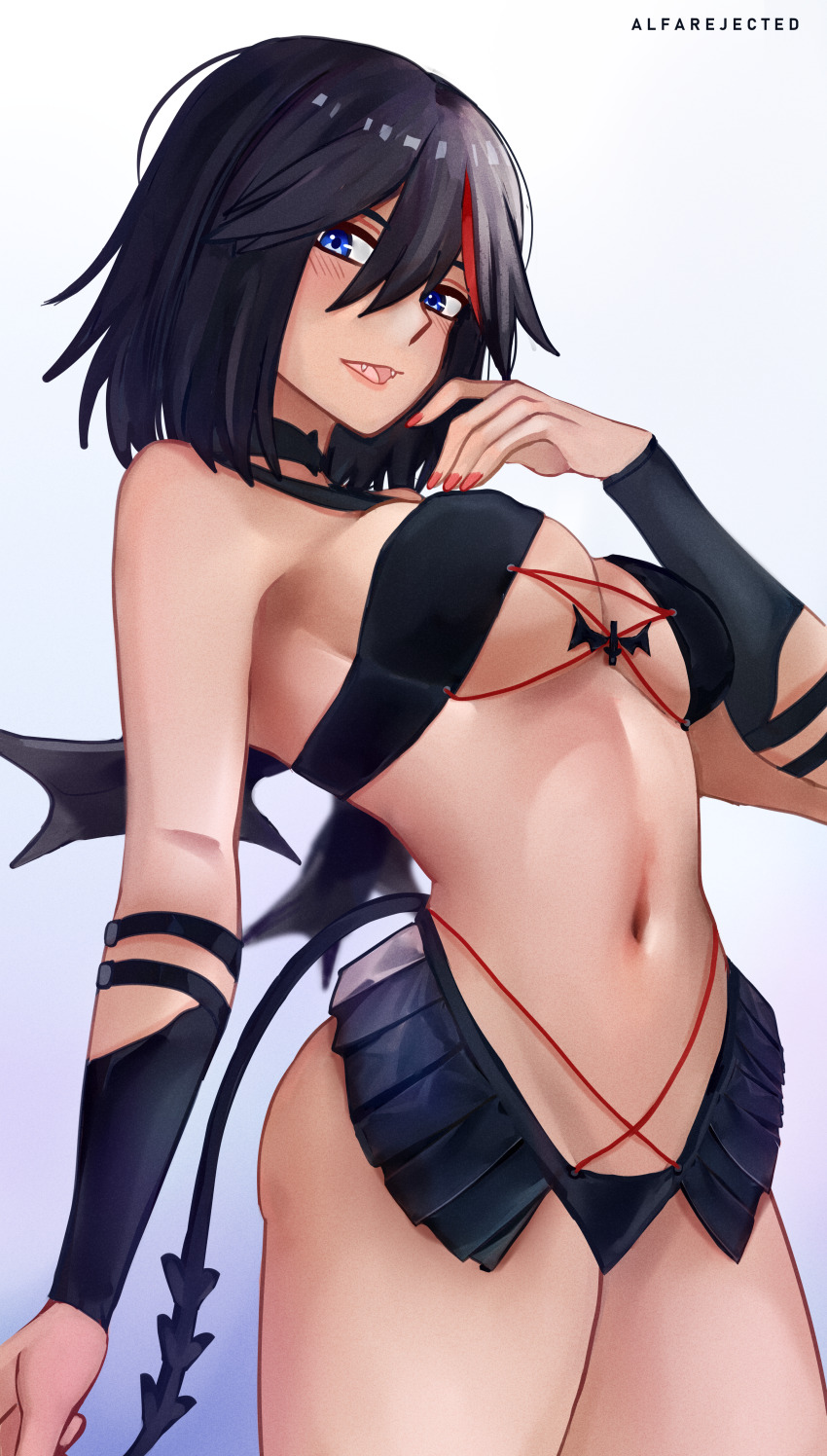 1girl, absurdres, alfarejected, bat_ornament, bat_wings, black_hair, breasts, cleavage