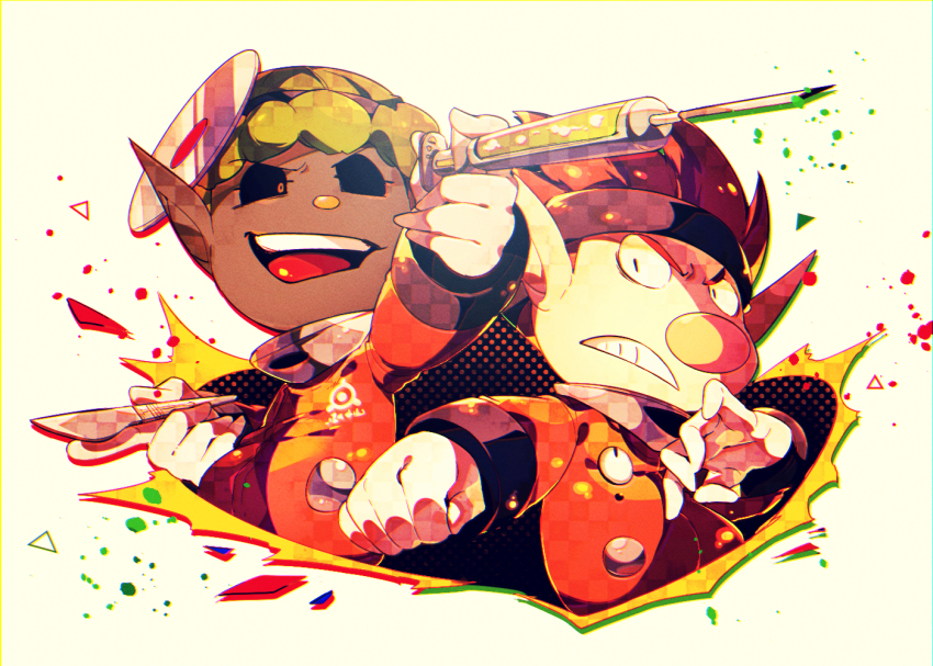 +_+, 2boys, ^^^, angry, large_nose, black_eyes, black_headband, buttons