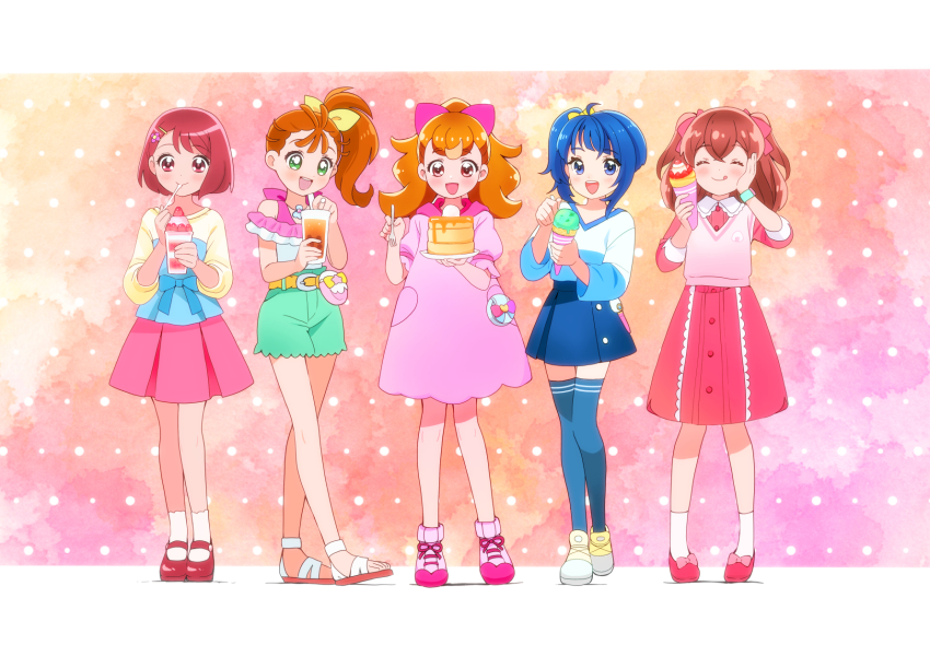 5girls, belt, blue_eyes, blue_hair, blue_shirt, blue_skirt, blue_thighhighs, bob_cut, bow, brown_hair, casual, closed_eyes, closed_mouth, collared_dress, commentary, cup, cut_bangs, delicious_party_precure, dot_nose, dress, eating, facing_viewer, food, full_body, green_eyes, green_shorts, hair_bow, hair_ornament, hair_ribbon, hairclip, hanadera_nodoka, healin'_good_precure, highres, hirogaru_sky!_precure, holding, holding_cup, holding_plate, hooded_dress, ice_cream, ice_cream_cone, in-franchise_crossover, inukai_komugi, kyanos_(b_0000ff), lineup, long_sleeves, looking_at_viewer, mary_janes, medium_dress, medium_hair, miniskirt, mirage_pen, multiple_girls, nagomi_yui, natsuumi_manatsu, no_socks, open_mouth, pancake, pancake_stack, parfait, pink_bow, pink_dress, pink_eyes, pink_ribbon, pink_shoes, pink_skirt, pink_sweater_vest, plate, ponytail, pouch, precure, puffy_short_sleeves, puffy_sleeves, red_dress, red_eyes, red_footwear, ribbon, sandals, shirt, shoes, short_hair, short_shorts, short_sleeves, shorts, side_ponytail, single_sidelock, skirt, smile, sneakers, socks, sora_harewataru, split_ponytail, standing, standing_on_one_leg, sundae, sweater_vest, t-shirt, teeth, thighhighs, tongue, tongue_out, trait_connection, tropical-rouge!_precure, twintails, two-tone_shirt, two_side_up, upper_teeth_only, v-neck, white_footwear, white_shirt, white_socks, wonderful_precure!, yellow_belt, yellow_ribbon