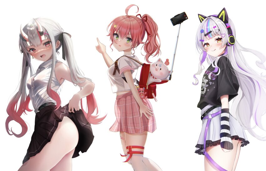 35p_(sakura_miko), 3girls, absurdres, ahoge, animal_ear_headphones, animal_ears, arm_warmers, ass