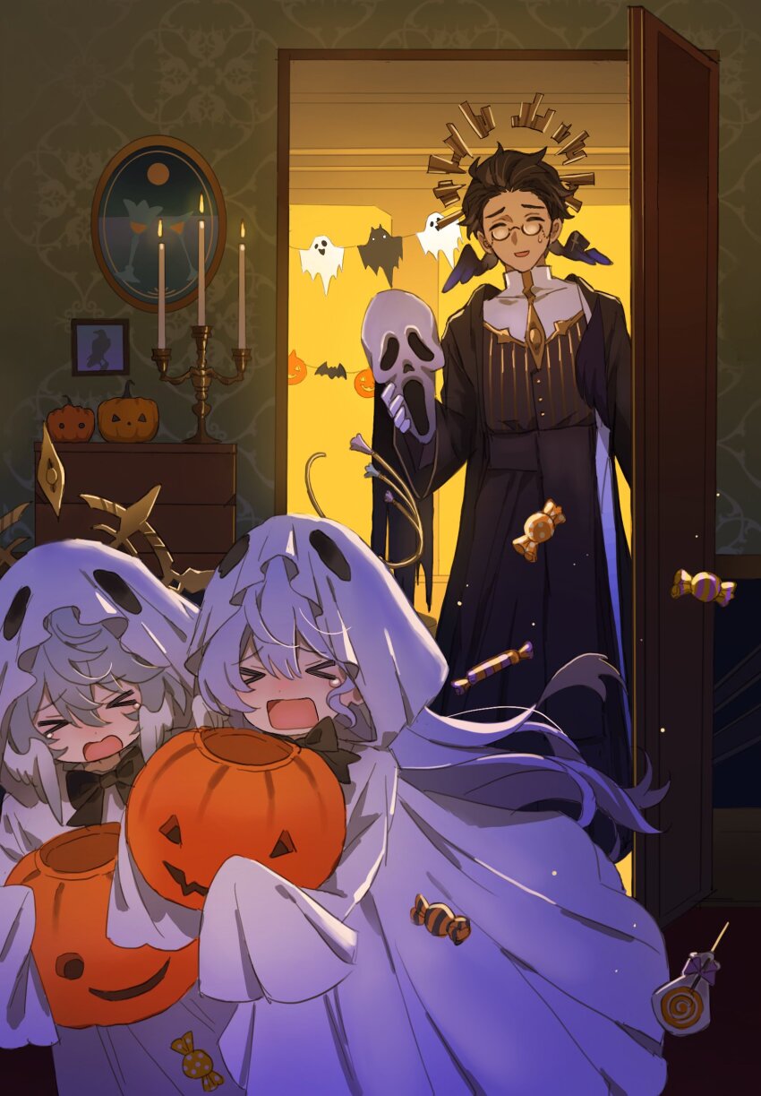 >_<, 0p78xopwsj83779, 1girl, 2boys, aged_down, brother_and_sister, candlelight, candlestand, candy, commentary, floating, floating_object, food, ghost_costume, ghostface, gopher_wood, halloween, halloween_bucket, halloween_costume, halo, halo_behind_head, head_wings, highres, holding, holding_mask, honkai:_star_rail, honkai_(series), indoors, long_hair, mask, multiple_boys, open_mouth, piercing, pumpkin, robin_(honkai:_star_rail), scared, sheet_ghost, siblings, smile, spiked_halo, sunday_(honkai:_star_rail), trick_or_treat, untranslatable_commentary, white_wings, wing_piercing, wings