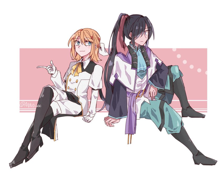 :3, alternate_hair_color, anno_voc, aqua_ascot, aqua_eyes, aqua_pants, arm_rest, ascot