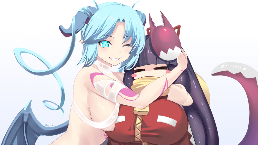 2girls, ;), =_=, absurdres, aqua_eyes, aqua_hair, arm_tattoo, artist_name, black_hair, blue_horns, blunt_bangs, blush_stickers, breasts, closed_eyes, commentary_request, demon_girl, demon_wings, fox_mask, grin, hair_between_horns, highres, horns, hug, huge_breasts, jacket, large_breasts, light_blush, long_hair, looking_at_viewer, low_wings, mask, mask_on_head, mon-musu_quest!, mon-musu_quest:_paradox, monster_girl, morrigan_(mon-musu_quest!), multiple_girls, nuruko, one_eye_closed, oppai_loli, parted_bangs, red_jacket, revealing_clothes, ringed_eyes, scarf, scylla, shiki_(psychedelic_g2), simple_background, smile, tattoo, tentacle_hair, twintails, twitter_username, upper_body, white_background, wings, yellow_scarf, zipper, zipper_pull_tab