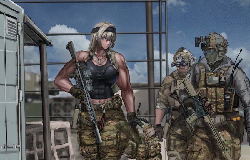 1girl, 2boys, abs, absurdres, assault_rifle, bag, baklava, black_shirt, blonde_hair, blurry, breasts, camouflage, camouflage_pants, covered_abs, depth_of_field, fn_scar, g&amp;k-cmdr, gun, headband, helmet, highres, large_breasts, load_bearing_equipment, military_combat_uniform, military_uniform, multiple_boys, muscular, muscular_female, night_vision_device, optical_sight, original, pants, patch, reflex_sight, rifle, shirt, suppressor, tall_female, tank_top, united_states_army, weapon