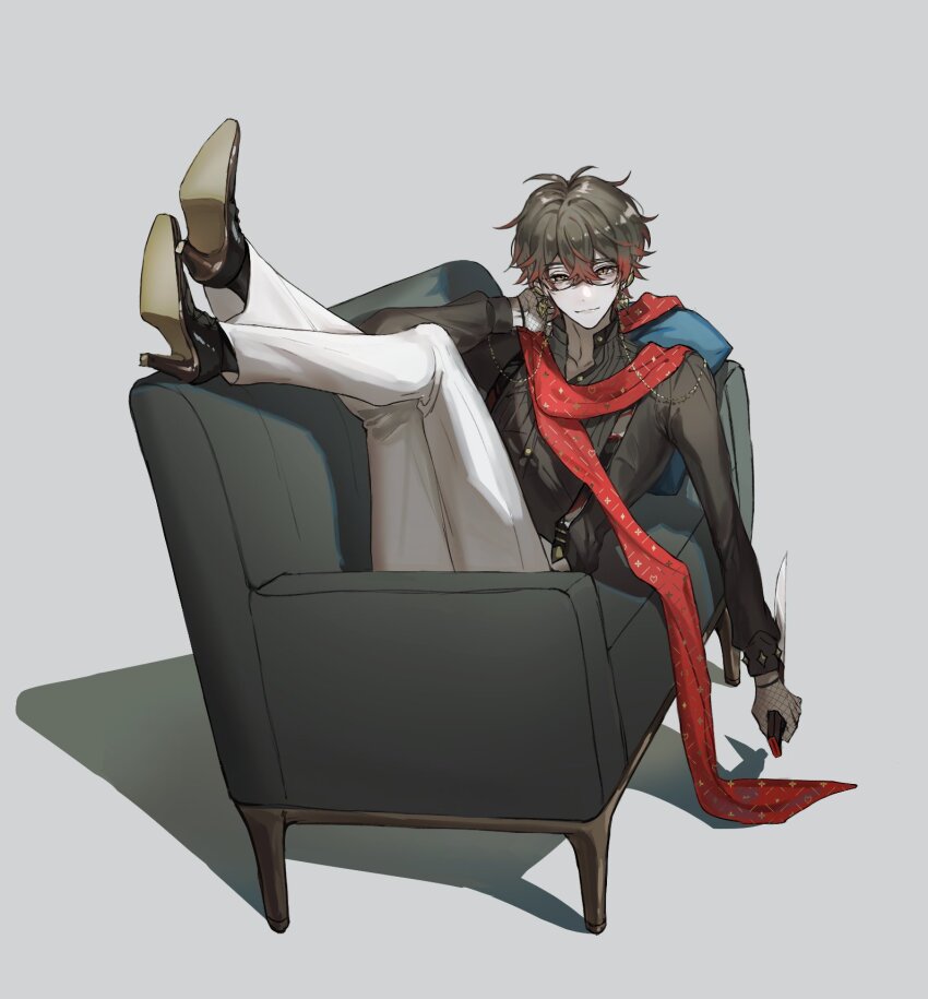 1boy, black_shirt, brown_hair, closed_mouth, collarbone, earrings, eki_eveland, eyewear_strap