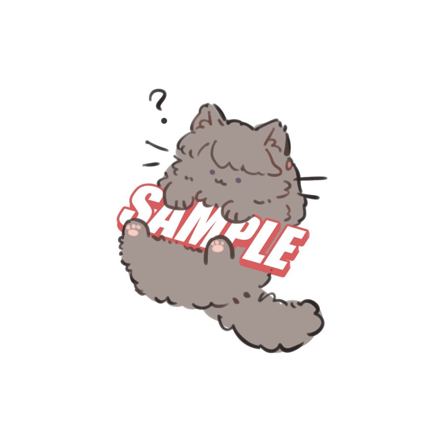 :3, ?, animal, animal_focus, animalization, ao_kaeru, brown_cat, cat, closed_mouth, commentary, fujishima_megumi, highres, holding_text, link!_like!_love_live!, love_live!, lying, on_back, purple_eyes, sample_watermark, simple_background, smile, solo, untranslatable_commentary, virtual_youtuber, watermark, white_background