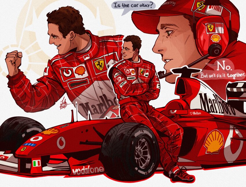 1boy, 2boys, blue_eyes, brown_hair, car, character_request, clenched_hand, crossed_arms, english_text, ferrari, formula_one, formula_racer, hair_behind_ear, highres, italian_flag, looking_to_the_side, male_focus, marlboro, michael_schumacher, motor_vehicle, multiple_boys, multiple_views, parted_lips, race_vehicle, racecar, real_life, schumisnoopy, shell_(company), smile, speech_bubble, spoiler_(automobile), sponsor, vodafone