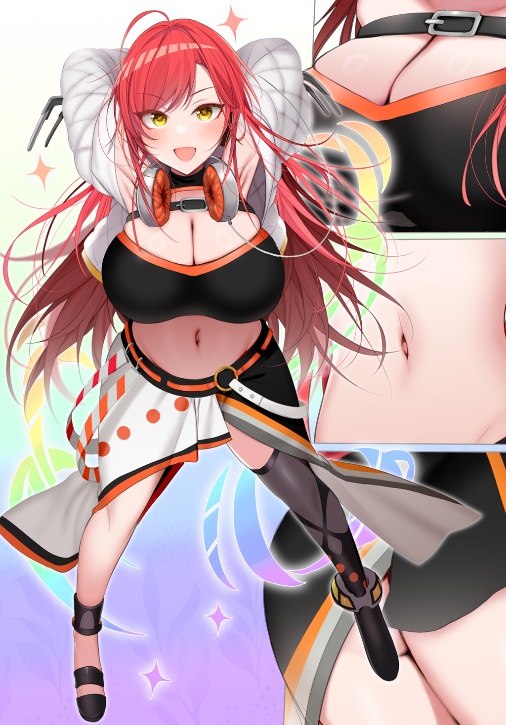 1girl, :d, ahoge, amamiya_mizuki, arms_behind_head, belt, black_footwear, blush