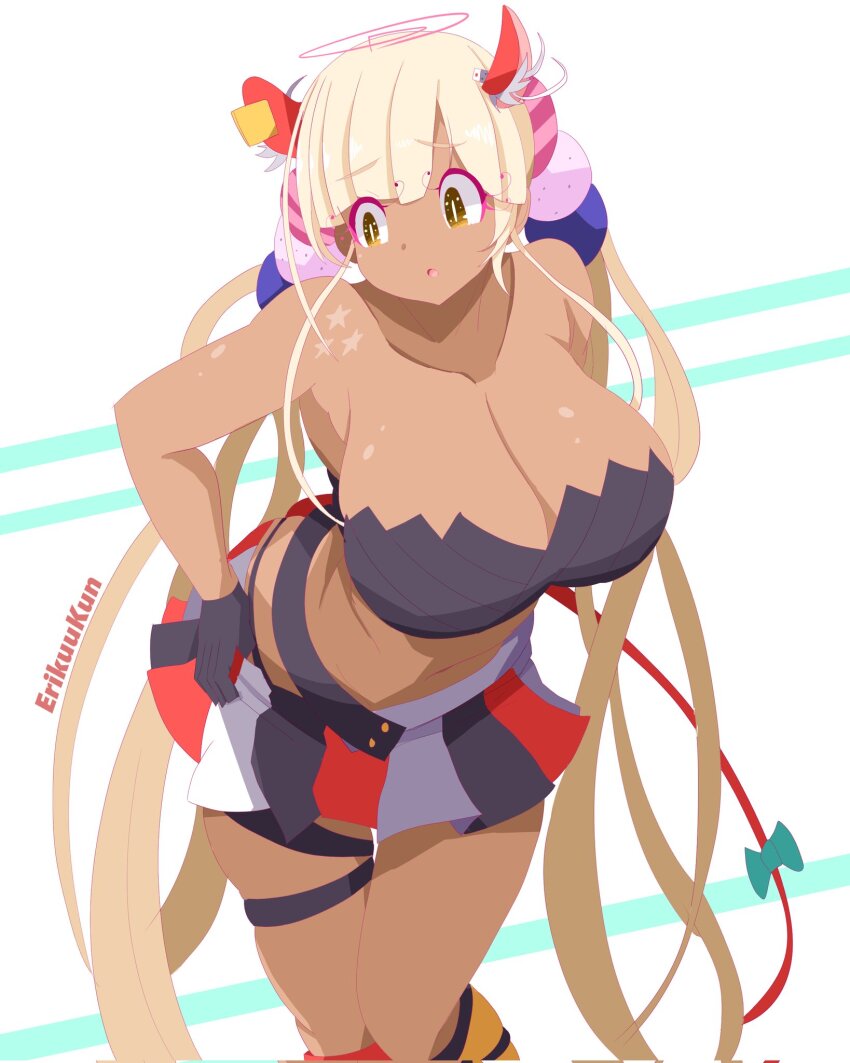 1girl, animal_ears, artist_name, asymmetrical_legwear, black_gloves, black_shirt, black_skirt, black_tube_top, blonde_hair, blunt_bangs, breasts, changing_clothes, cleavage, commentary, corrupted_twitter_file, cosplay, dark-skinned_female, dark_skin, dressing, english_commentary, erikuukun, extra_ears, facing_viewer, gloves, hair_ornament, hakos_baelz, hakos_baelz_(1st_costume), hakos_baelz_(cosplay), highres, hololive, hololive_english, huge_breasts, large_breasts, limiter_(tsukumo_sana), long_hair, midriff, miniskirt, mismatched_legwear, mouse_ears, mouse_girl, mouse_tail, multicolored_skirt, navel, planet_hair_ornament, pleated_skirt, red_skirt, red_socks, ribbon, shirt, sidelocks, sideways_glance, skindentation, skirt, socks, solo, strapless, tail, tail_ornament, tail_ribbon, thigh_strap, tsukumo_sana, tube_top, very_long_hair, virtual_youtuber, white_skirt, yellow_eyes, yellow_socks