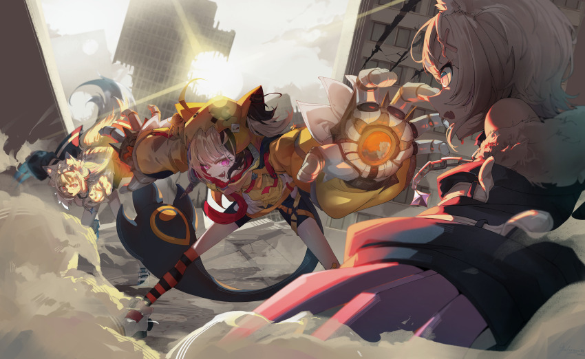absurdres, ahoge, balsamico_su, bike_shorts, city, claws, debris, fighting_stance