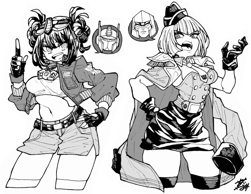 2girls, all_yellow777, belt, breasts, cowboy_shot, cropped_shirt, detached_collar, double_bun, eyewear_on_head, fingerless_gloves, garrison_cap, glasses, gloves, greyscale, hair_bun, hand_on_own_hip, hat, highres, jacket, jacket_on_shoulders, kotobukiya_bishoujo, long_sleeves, looking_at_viewer, looking_to_the_side, matrix_of_leadership, medium_breasts, megatron, megatron_(kotobukiya_bishoujo), midriff, monochrome, multiple_girls, navel, necktie, open_hand, open_mouth, optimus_prime, optimus_prime_(kotobukiya_bishoujo), parted_lips, pointing, pointing_up, shirt, short_hair, shorts, skirt, smile, speech_bubble, strapless, strapless_shirt, thighhighs, transformers, transformers:_generation_1, wide_hips