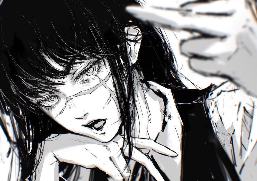 1girl, absurdres, blurry, blurry_foreground, chainsaw_man, collared_shirt, dress, ericathw