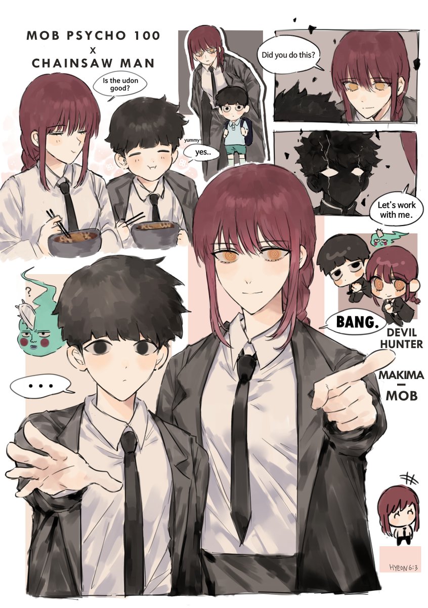 1boy, 1girl, aiming, backpack, bag, black_eyes, black_hair, black_necktie, bowl, chainsaw, chainsaw_man, chibi, chopsticks, coat, ekubo_(mob_psycho_100), english_text, food, highres, holding, holding_chopsticks, hyeon_0613, kageyama_shigeo, long_hair, makima_(chainsaw_man), mob_psycho_100, necktie, noodles, orange_eyes, pointing, pointing_at_viewer, ponytail, ramen, red_hair, shirt, speech_bubble, udon, white_shirt