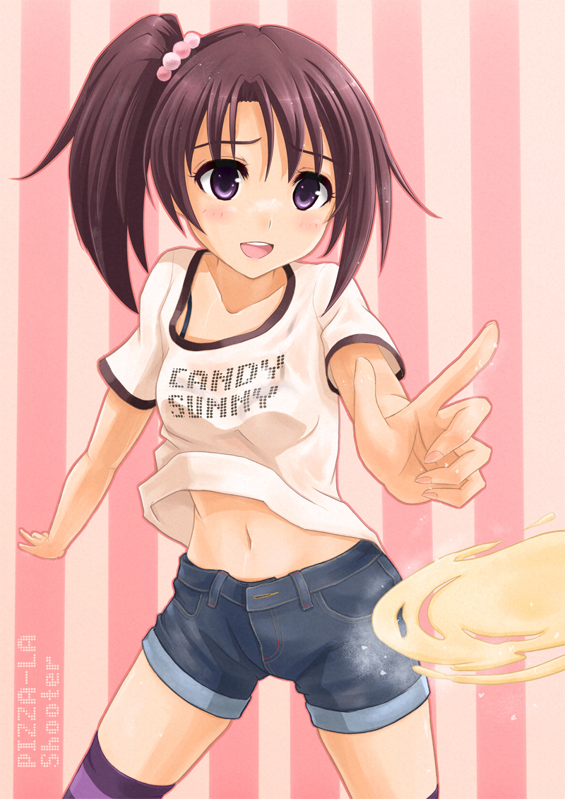 1girl, :d, black_eyes, black_hair, denim, denim_shorts, deza, female_focus