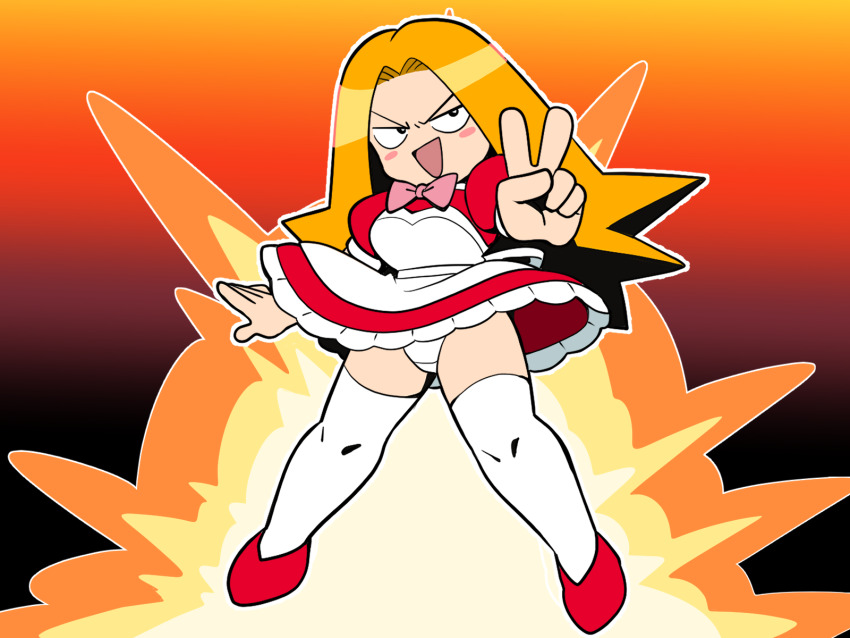 1girl, apron, bishi_bashi_(series), black_eyes, blush, bow, bowtie, breasts, dress, explosion, flower, gachami, gradient_background, highres, konami, long_hair, looking_at_viewer, medium_breasts, open_mouth, orange_hair, panties, pink_bow, pink_bowtie, puffy_sleeves, red_background, red_dress, red_flower, shoes, short_sleeves, smile, standing, thighhighs, underwear, v, white_apron, white_panties, white_thighhighs, wind, wind_lift, yume_yoroi