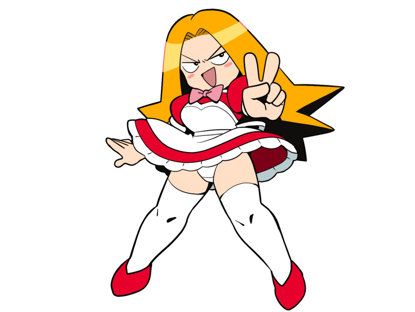 1girl, apron, bishi_bashi_(series), black_eyes, blush, bow, bowtie, breasts, dress, flower, gachami, highres, konami, long_hair, looking_at_viewer, medium_breasts, open_mouth, orange_hair, panties, pink_bow, pink_bowtie, puffy_sleeves, red_dress, red_flower, shoes, short_sleeves, smile, standing, thighhighs, underwear, v, white_apron, white_background, white_panties, white_thighhighs, wind, wind_lift, yume_yoroi