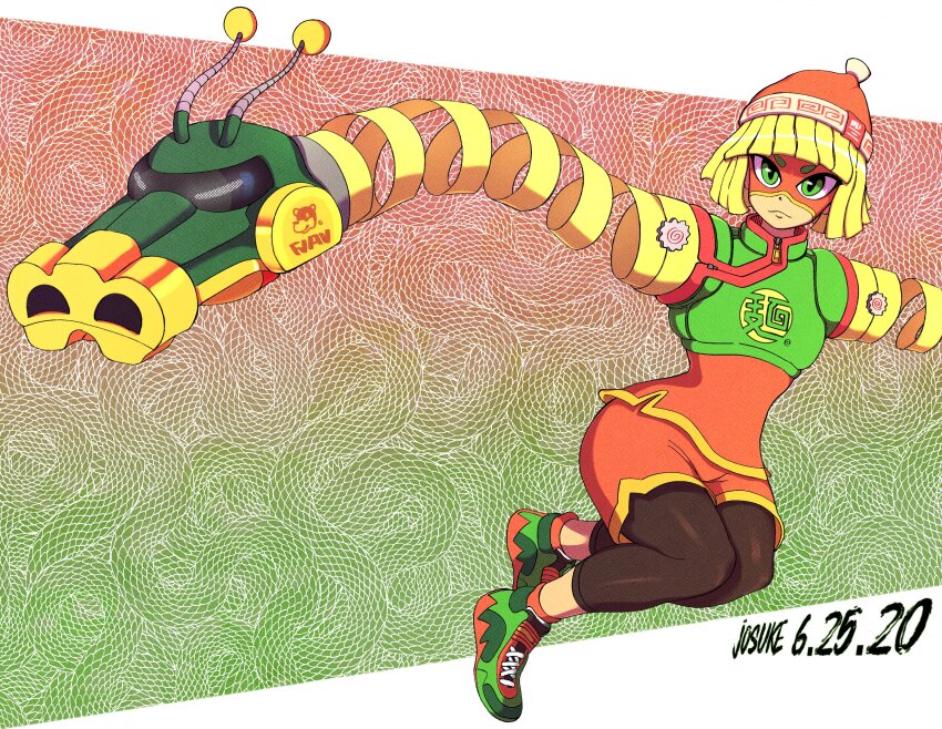 1girl, absurdres, arms_(game), atomicjosuke, beanie, blonde_hair, blunt_bangs, bob_cut