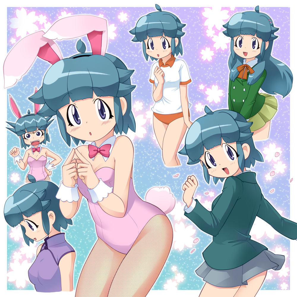 1girl, animal_ears, blue_eyes, buruma, china_dress, chinese_clothes, costume_chart, dress