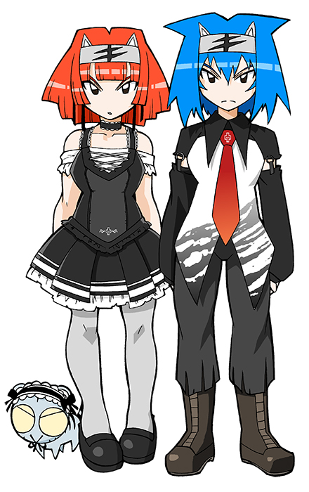 2girls, amu_ru, animal_ear_hairband, animal_ears, ankle_boots, aqua_hair, arms_at_sides, bare_arms