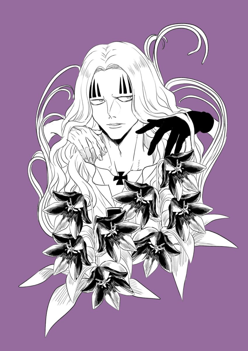 1boy, basil_hawkins, closed_mouth, cross, cross_patty, facial_mark, flower, frilled_shirt, frills, gloves, highres, long_hair, long_sleeves, matsurika_0707, monochrome, one_piece, purple_background, shirt, solo, white_shirt